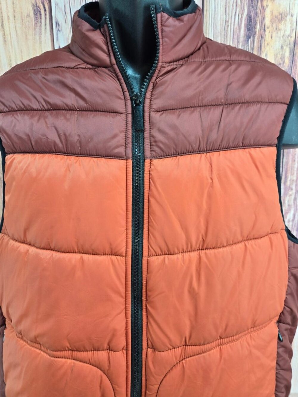 Perry Ellis Two Tone Puffer Vest Size Medium Rust Orange Brown Quilted Zip - Picture 3 of 8